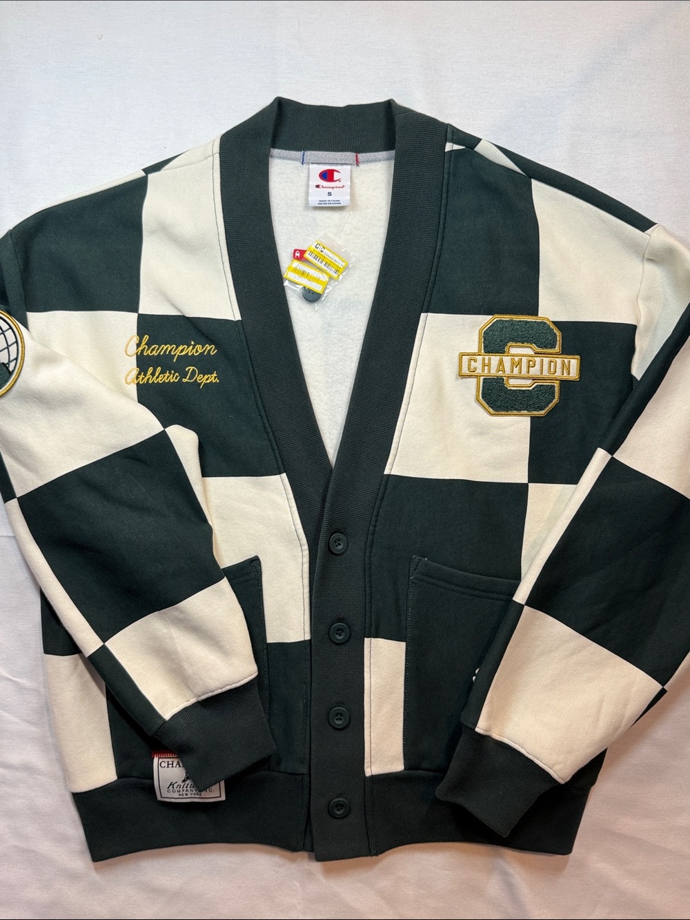 Champion Varsity Check Cardigan NWT Letterman Green Cream Size S